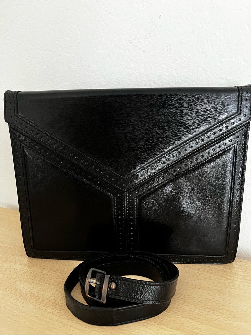 Rare Yves Saint Laurent Black Leather Clutch Shoulder Bag Red Interior Late 70s